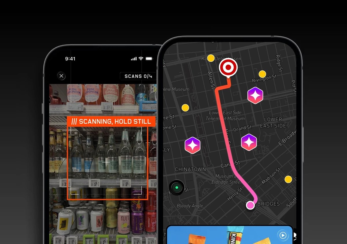 The 375go app showing a shelf-scanning view and a map of nearby data-collection missions