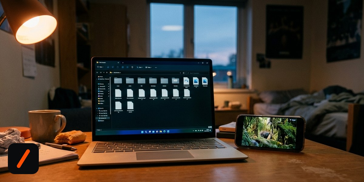 Phone streaming a video from a laptop over a local Wi-Fi hotspot, illustrating AirNode