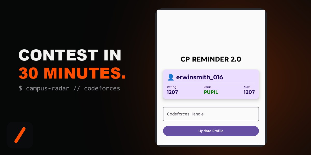 CP Reminder 2.0 home screen showing a Codeforces handle, rating and rank with contest alarm and daily streak toggles