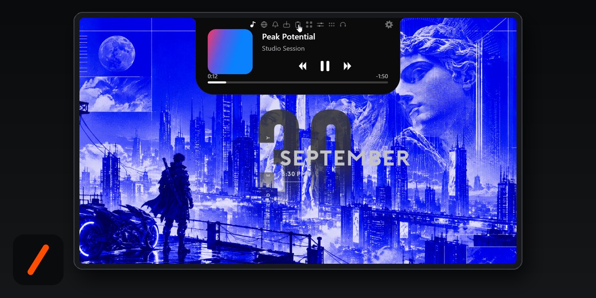 NotchPixel's notch open at the top centre of a Windows desktop, showing a now playing card with artwork and playback controls