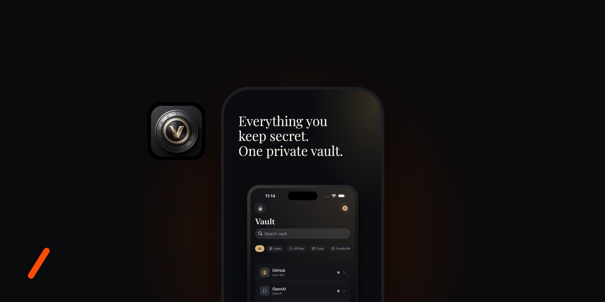 Vaultis app icon, a black combination-lock dial with a gold V, beside an iPhone showing the Vaultis vault list with login, API key, card and crypto entries
