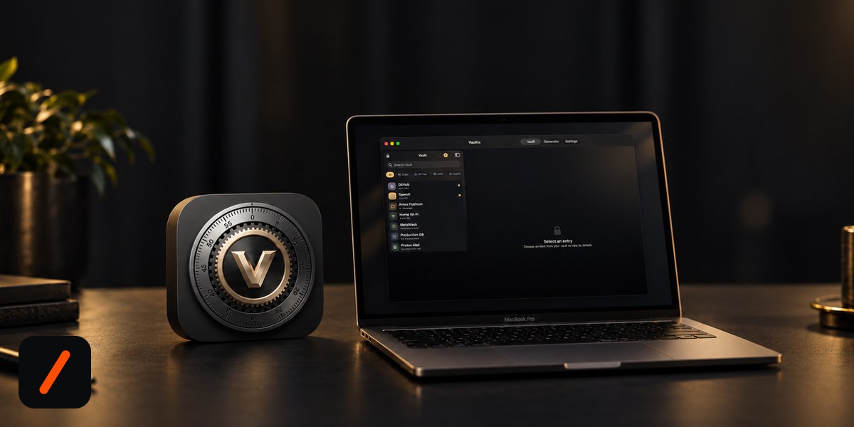 Vaultis app icon, a black combination-lock dial with a gold V, standing on a dark desk beside a MacBook Pro showing the Vaultis vault window with logins, API keys, cards and crypto entries