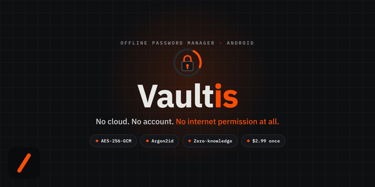 Vaultis offline password manager launch cover, a padlock with AES-256-GCM and Argon2id badges on the GENZ TECH terminal dark theme